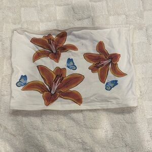 Edikted White Crop Top with Orange Floral and Blue Butterfly Design